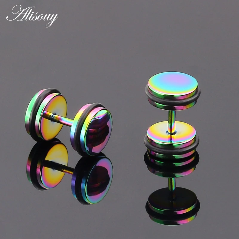 Alisouy 2Pcs Mens Barbell Punk Gothic 4-12mm Stainless Steel Ear Studs Fake Ear Plug Stretcher Cheater Earring Piercing Jewelry