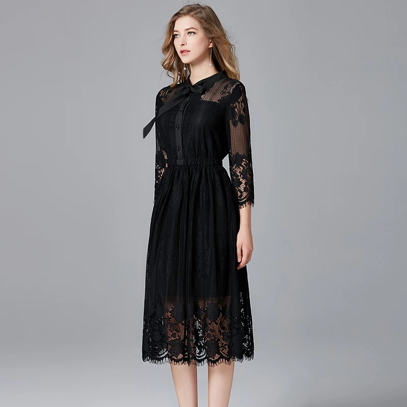 Taoyizhuai brand lace dress spring and autumn new European and American fashion black elastic waist eyelash versatile dress