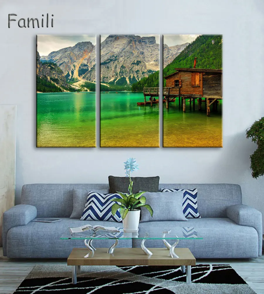 

HD print 3 piece landscape canvas painting barn rocky mountains 5 piece paintings Free shipping