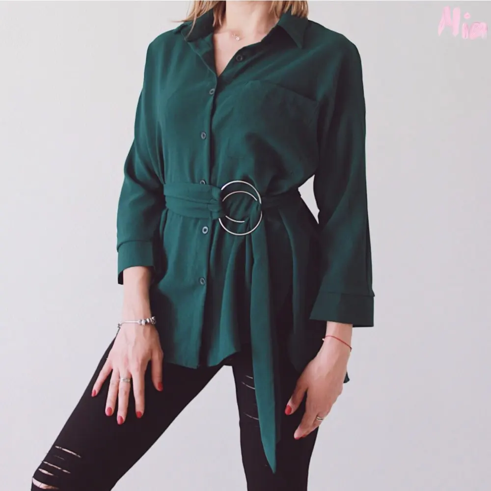 Women Long Blouses 2019 Autumn Spring Casual Buttons Ladies Elegant Lace-up Fitted Waist Retro Tops Shirt Tunic