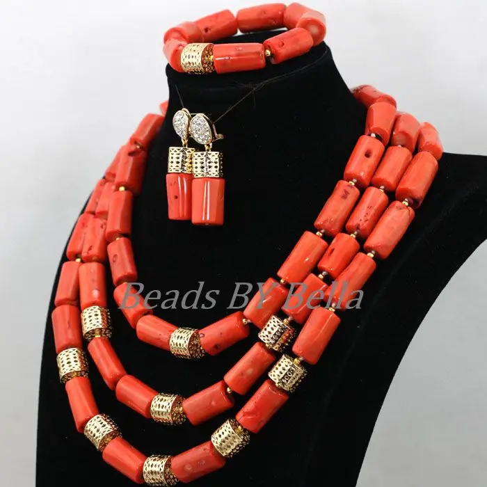 Real Coral Jewelry Set Necklace Nigerian Traditional Coral Beads Wedding African Jewelry Sets For Women Free Shipping ABK318