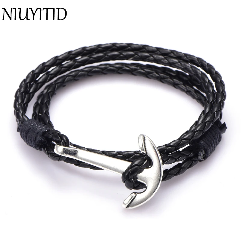 NIUYITID Man Anchor Bracelet 41cm PU Leather Bracelet For Men Women Fashion Wristband Charm Braclet Male Accessories Jewelry