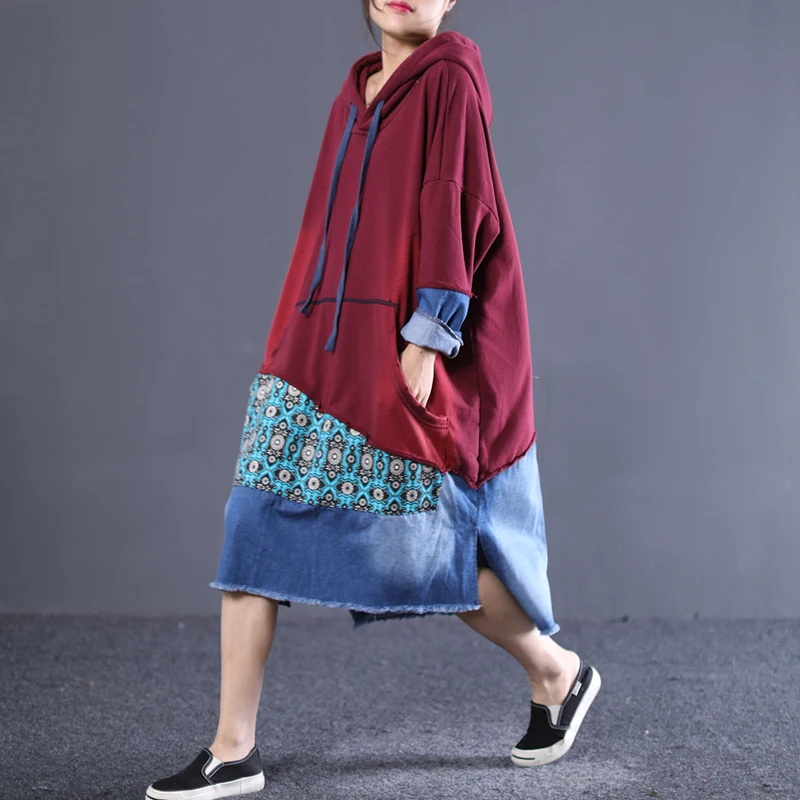 New--2019 female new spring plus size dress  literary casual retro knit denim stitching long loose shirt