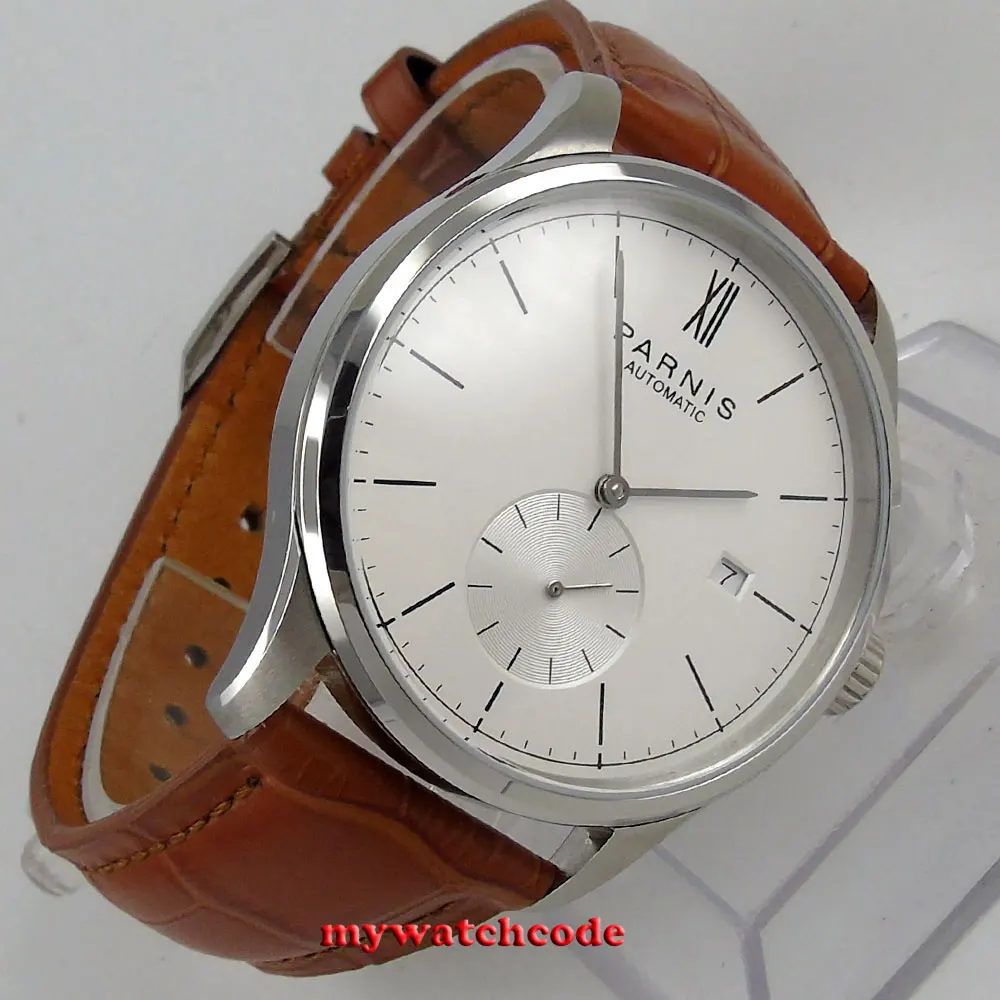 Famoso marchio 42mm Parnis quadrante bianco data finestra ST1731 orologio da uomo automatico cinturino in pelle trasparente cassa indietro