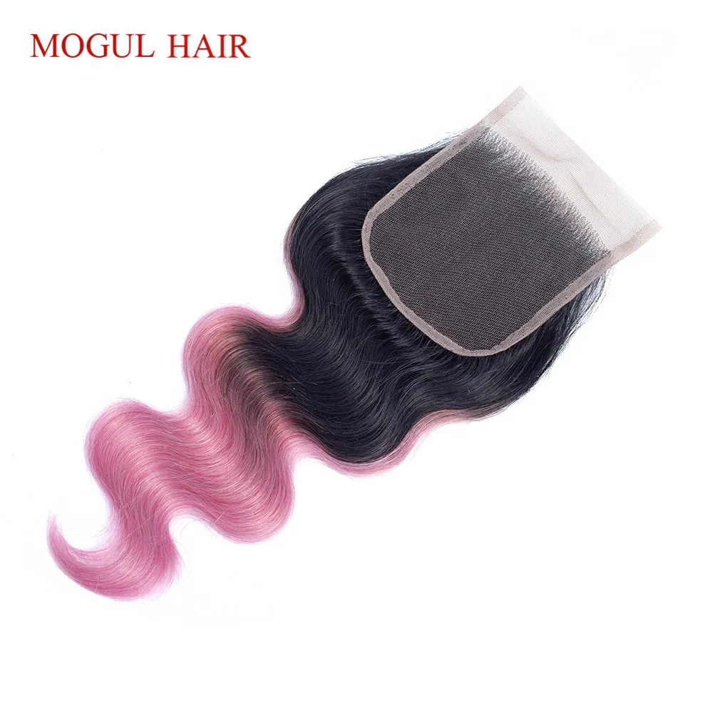 MOGUL HAIR T 1B Grey Pink 4*4 Lace Closure Ombre Human Hair Brazilian Body Wave Remy Hair 10 12 14 inch Free Middle Part