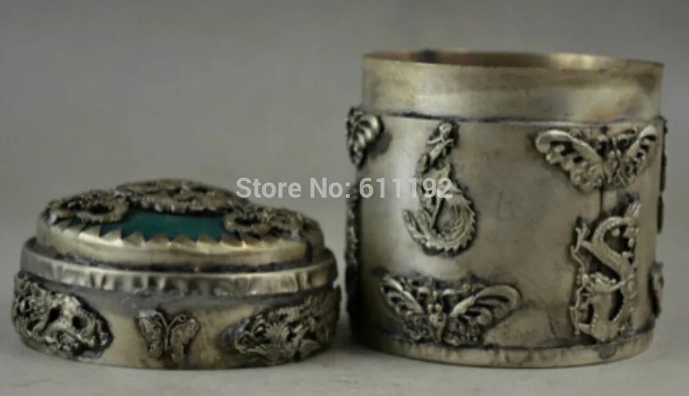 Asian home Decorated Old Handwork Tibet Silver Dragon Phoenix vintage big Toothpick Box