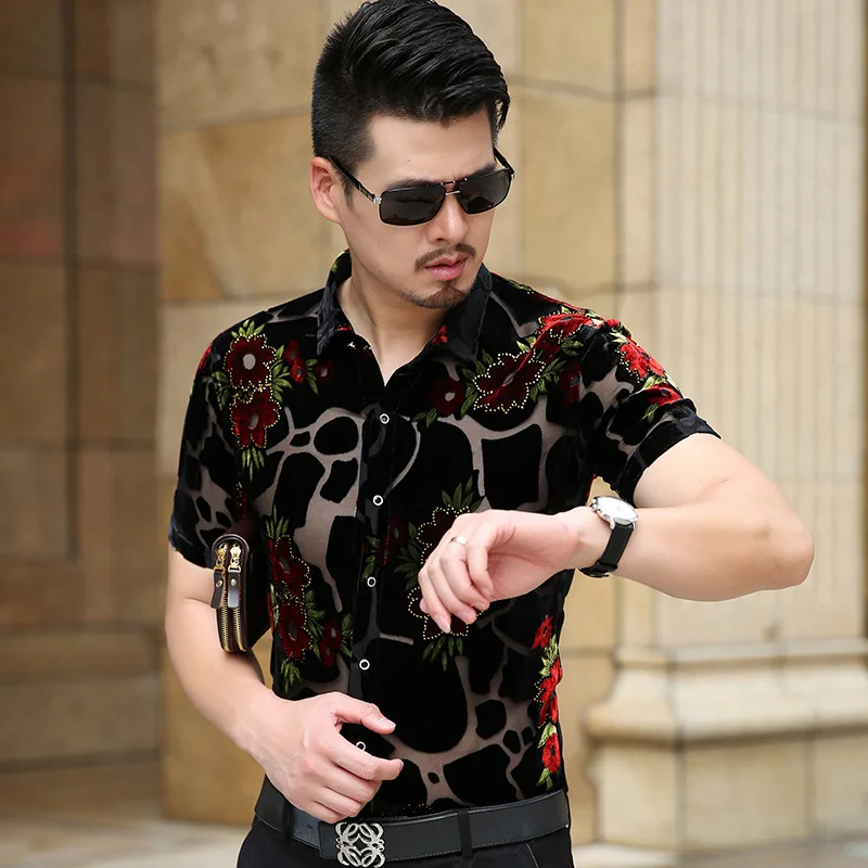 Mannen Bloemen Shirt Zomer See Through Kleding Mannelijke Sexy Transparante Clubwear Korte Mouw Streetwear Jurk Shirts