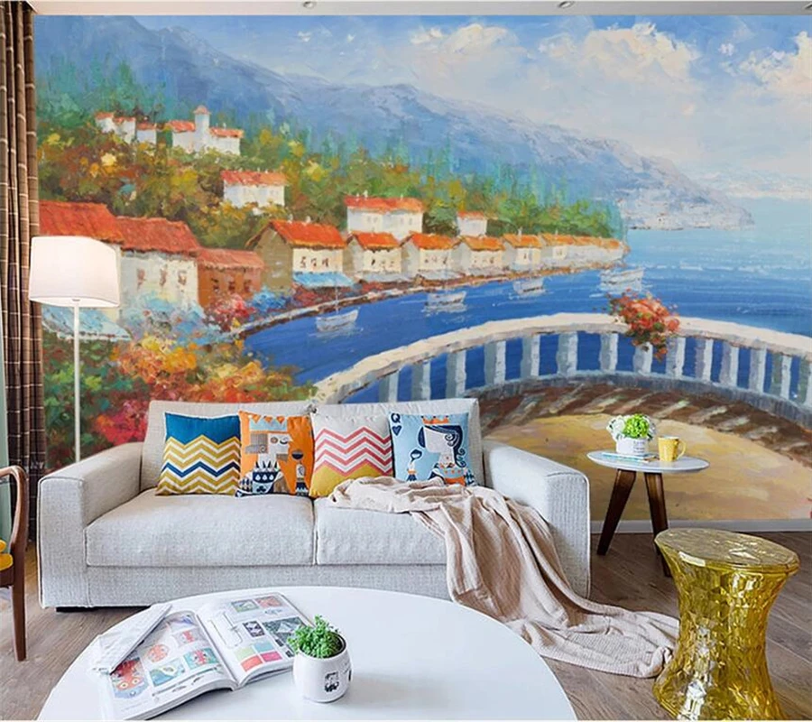 

Custom wallpaper 3d photo mural ultra high definition giant balcony Mediterranean oil painting art background mural 3d wallpaper