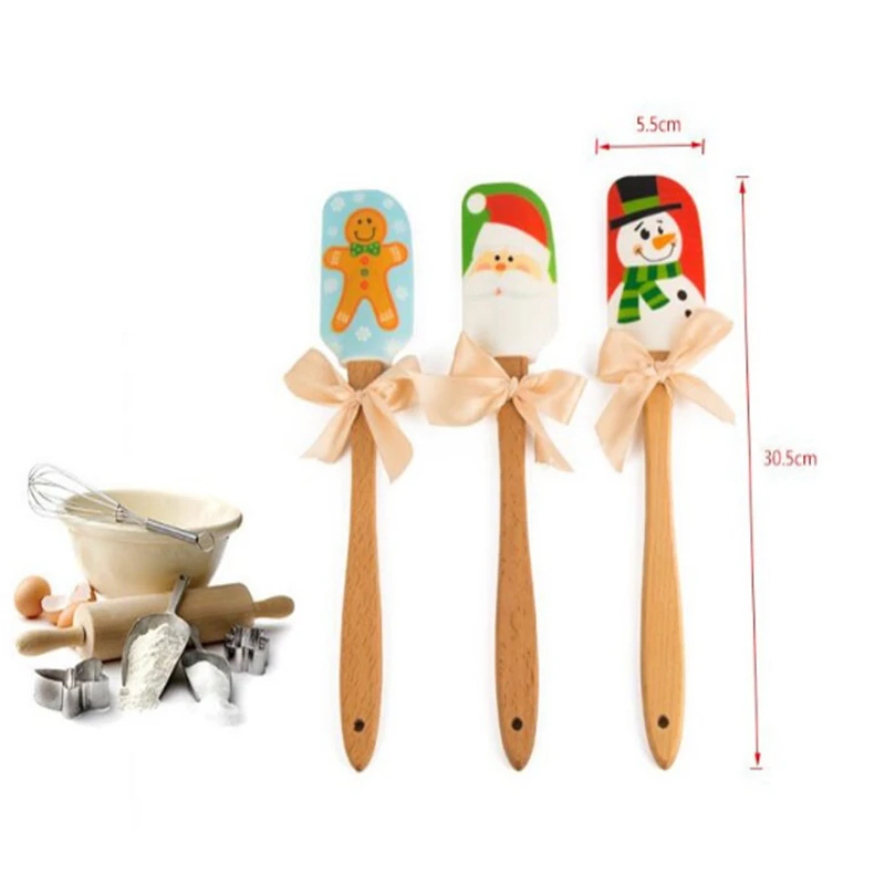 

100pcs New Christmas Design Food Non-Stick Cake Butter Knife Spatula Wooden Handle Silicone Scraper Kitchen Baking Tools