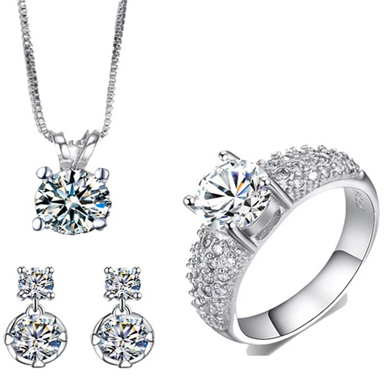 AAA Cubic Zirconia Necklace And Earring Set White Gold color Ring Sets Wedding Jewelry Set CZ Jewelry Bijoux ASM017