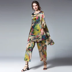 2-Piece Silk Lotus Suits for Women, Casual Suit, Loose Fashion Print Tops and Pants, Elastic Waist, Crew Neck, Summer, New