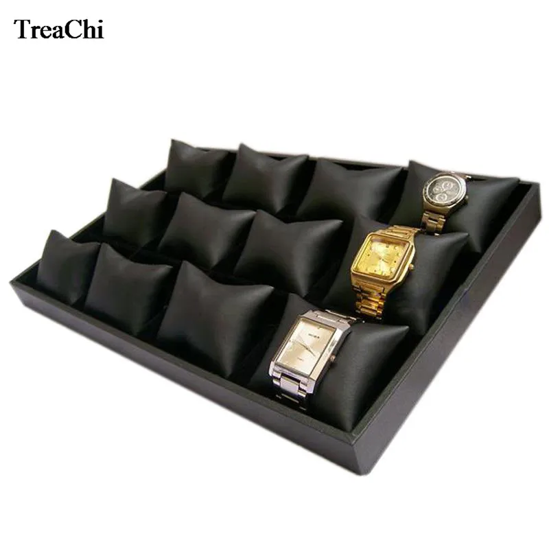 12 Grids Convenience Jewelry Display Case Bangle Bracelet Display Pillow Box Black PU Velvet Cushion Watch Holder Tray