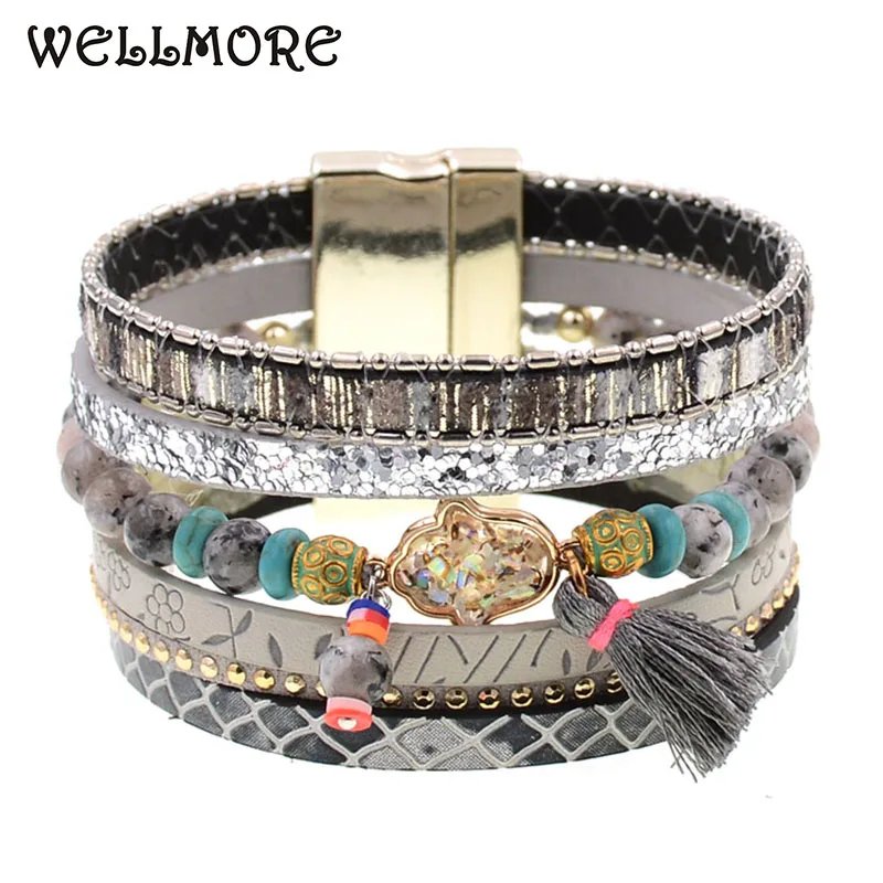 

WELLMORE bohemia bracelets for women Leather bracelet natural stone beaded bracelets fashion jewelry women bracelets wholesale