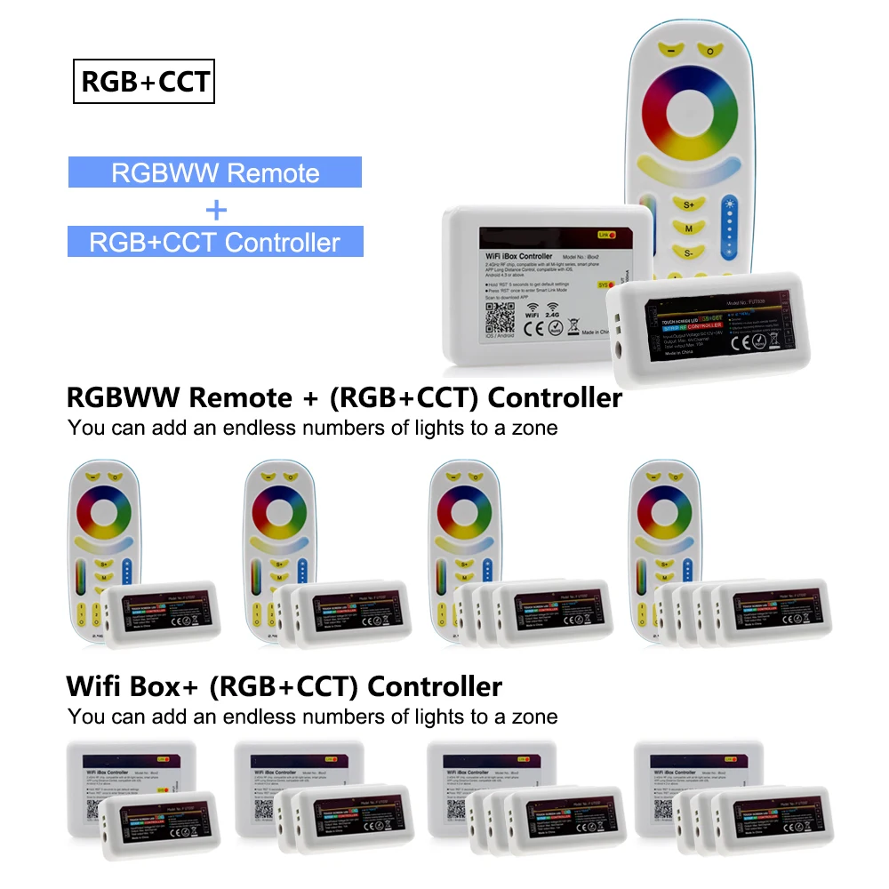 스마트 led 스트립 컨트롤러 풀 컬러/rgbw/rgb/듀얼 화이트 led 스트립에 대 한 2.4g rf 원격 제어/wifi app 제어.