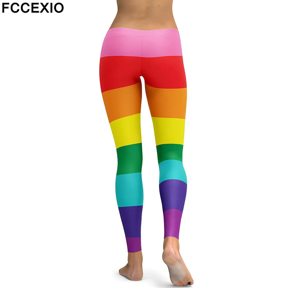 FCCEXIO New Workout Leggings High Waist Fitness Legging Rainbow Line 3D Printed Leggins Female Leg Pants Sexy Women Slim Legging