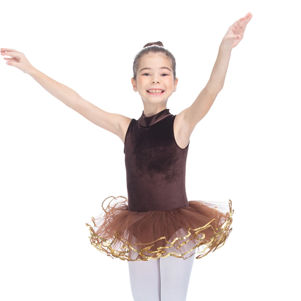 Brown Velvet Dance Tutu High Neck Sleeveless Leotard Tutu with 4 Layers Soft tulle Skirt Girls Ballet Dress