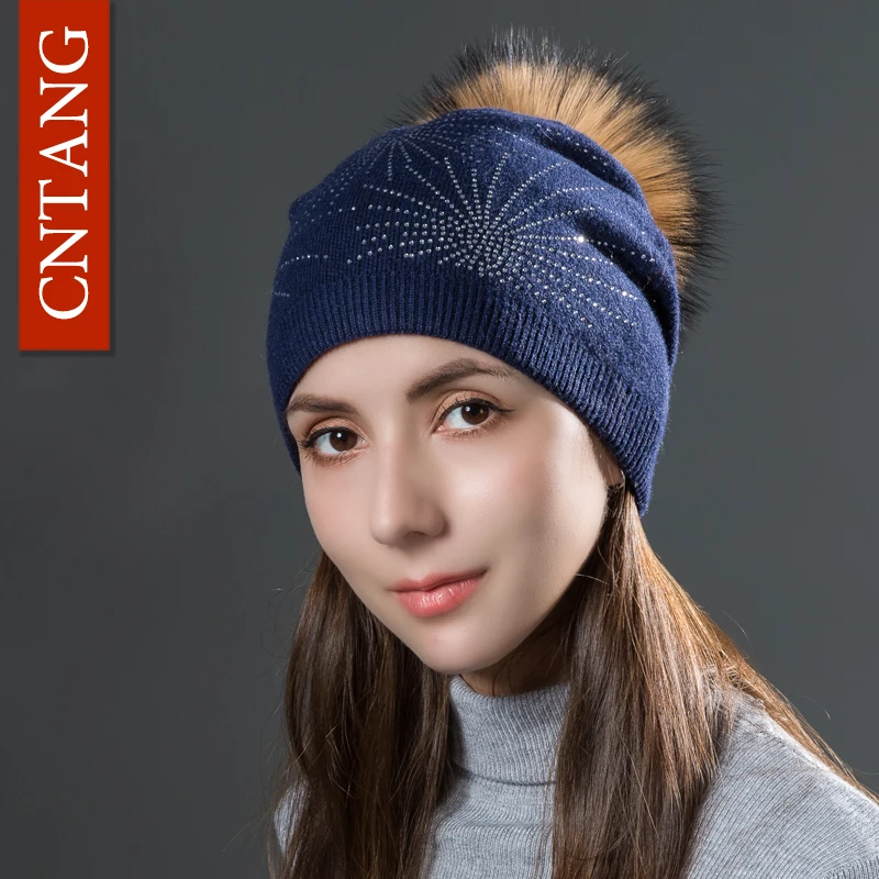 CNTANG 2024 Rhinestone Knitted Wool Hats With Natural Raccoon Fur Pom Pom Caps Autumn Winter Warm Hat For Women Fashion Beanies