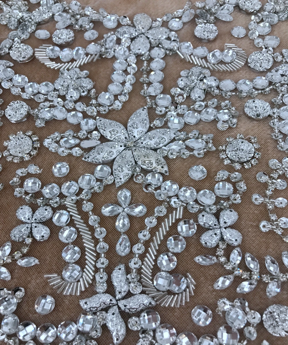 Handmad silver Rhinestones applique on mesh sew on crystal patches for wedding dress 36*35cm