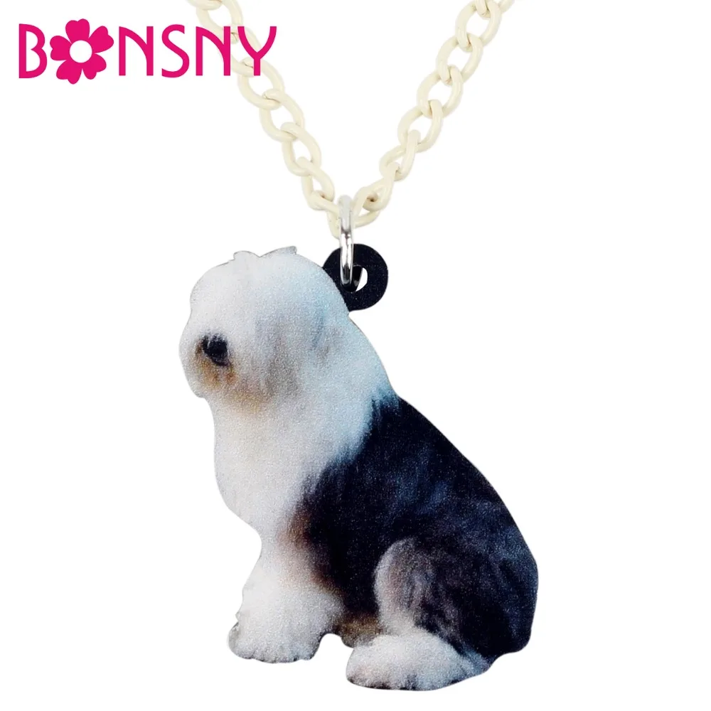 Bonsny Acrylic Old English Sheepdog Dog Necklace Pendant Chain Choker Animal Jewelry For Women Girls Ladies Kids Gift Wholesale