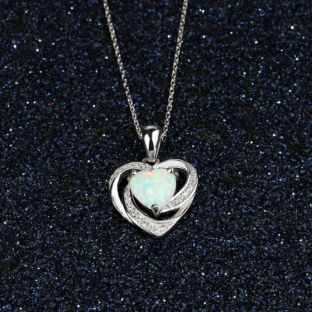 

Genuine 925 Sterling SIlver Fine Jewelry Opal & AAA Cubic Zirconia Heart Pendant Necklaces For Women Anniversary Jewelry GIfts