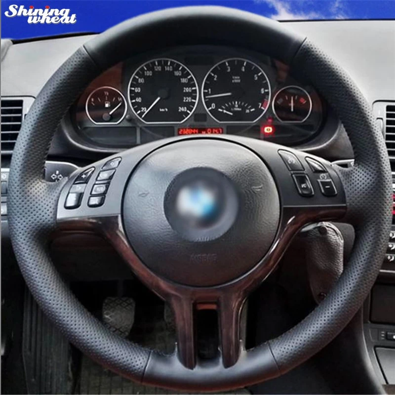 

Shining wheat Black Artificial Leather Hand-stitched Car Steering Wheel Cover for BMW E39 E46 325i E53 X5