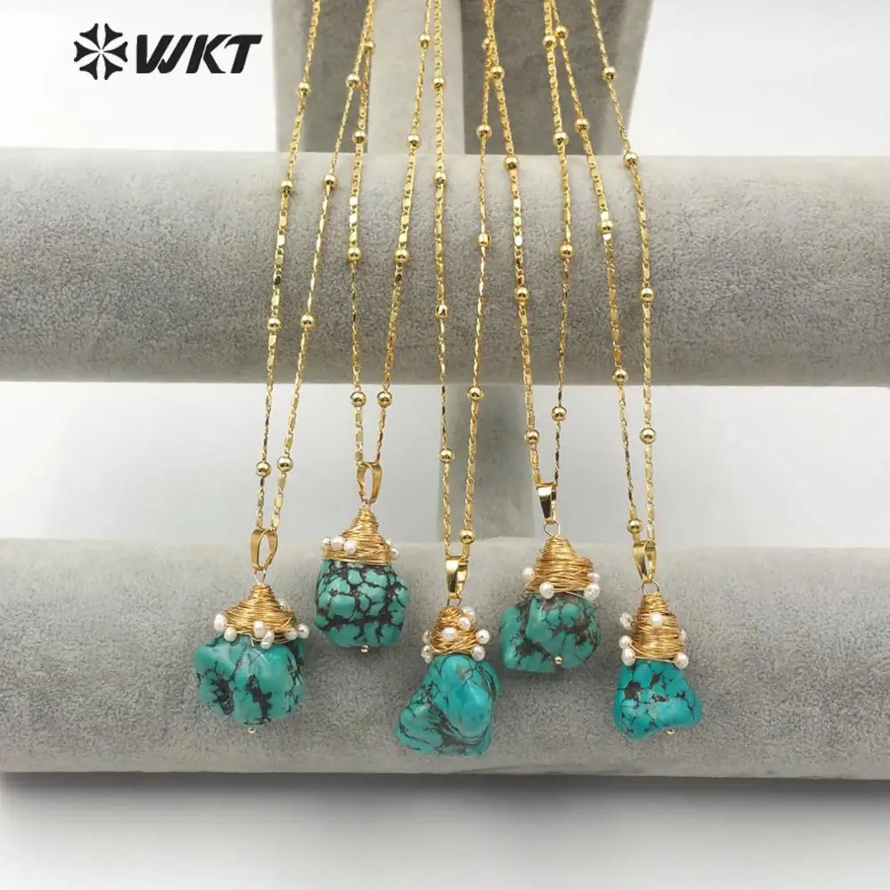 WT-N1153  Wholesale Natural Turquoises Necklace with Copper Wire Wrapped Pendant 24k Gold Plated Chain For Women Jewelry Gift