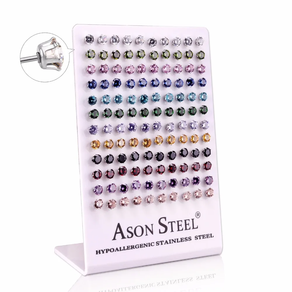 ASONSTEEL Cubic Zirconia Jewelry Wholesale 60 Pairs/lot Mixed Styles Silver Color Stud Earrings for Women Hypoallergenic Earring