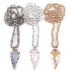 Fashion Bohemian Tribal Jewelry 8mm Round Glass Long Knotted Beads Glass Arrowhead Pendant Necklaces