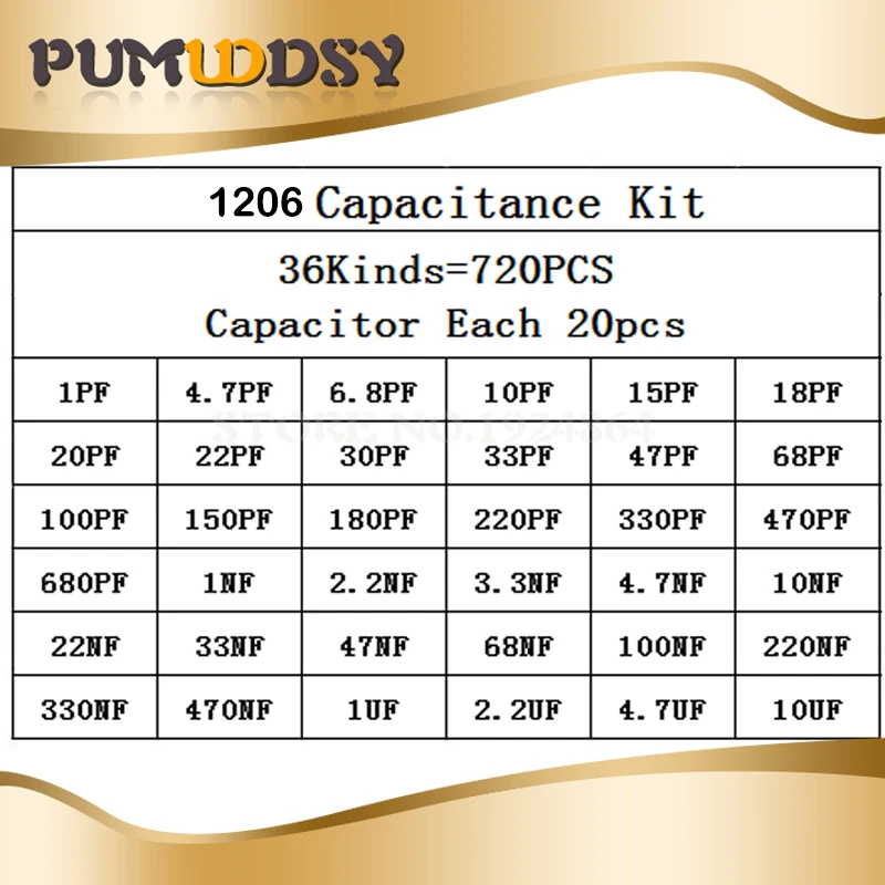 1206 SMD Capacitor assorted kit ,36values*20pcs=720PCS 1pF~10uF Samples Kit electronic diy kit