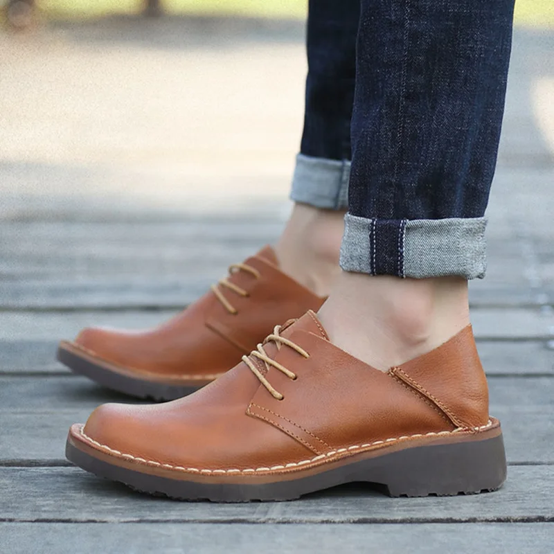 Recommend ! Retro Full Grain Leather Businessmen Round Toe Casual Shoes Leisure Man Lace Up Soft Oxfords Four Season