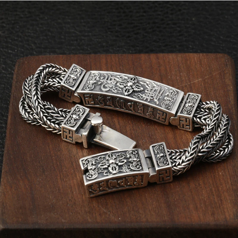 

NEW! S925 Sterling Silver Tibetan Mantra Bracelets For Men Braided Woven Six Words Vajry Pestle Engraved Prayer Buddha Jewelry