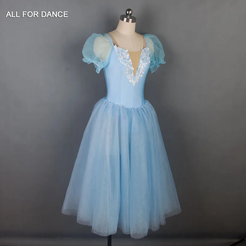 19024 New Sky Blue Spandex Bodice Puff White Flowers Trim Girl&Women Ballet Dance Dress Romantic Ballerina Long Dress