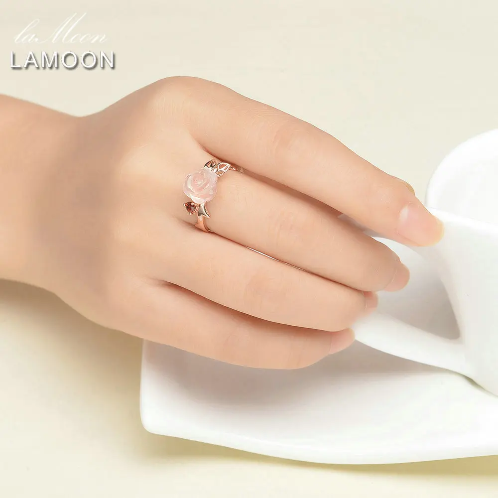 LAMOON 925 Sterling Silver Ring For Women Rose Quartz Gemstone Rose Flower 18K Rose Gold Plate Adjustable Ring  Jewelry LMRI025 image 3