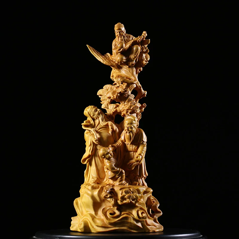 Sanxing Three Stars Wood Sculpture, Mythological Feng Shui Decor, Mythological