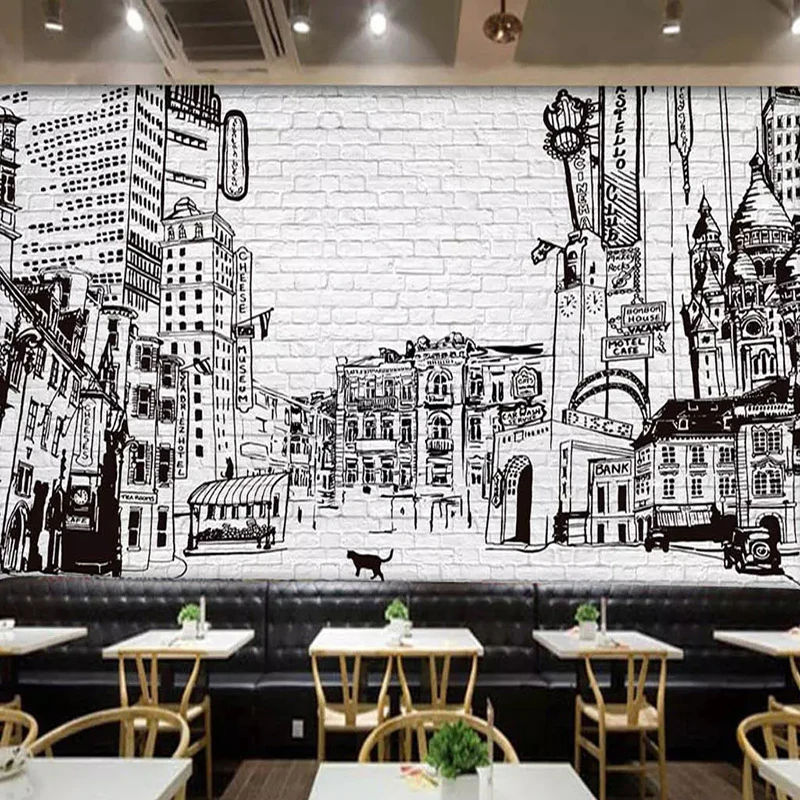 

Custom Photo Wallpaper 3D Black And White City Building Wall Painting Restaurant Bar KTV Backgdrop Wall Covering Papel De Parede