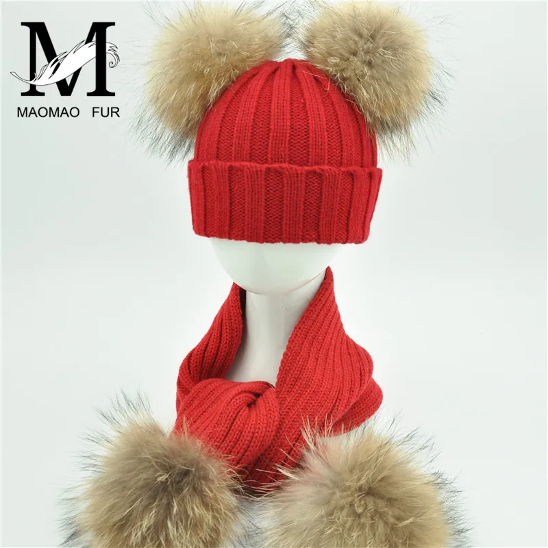 Kids Fur Scarf and Hat Set Winter Warm Thick Stretchy Knitted Beanie Boys Girls Real Double Fur Pom Pom Hat and Scarf Set