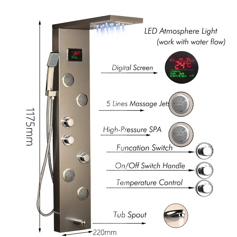 OUBONI Nickel Brush Digital Display Shower Panel Column LED Head Dark Grey Rainfall Shower Spa Jets Bath Shower Mixer Faucet