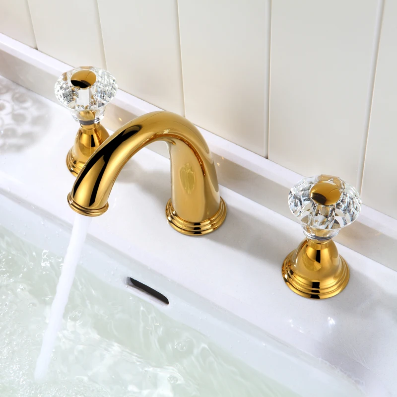 Luxury gold  solid brass crystal bathroom sink faucet European style art Double handle three holes basin mixer faucet,Golden