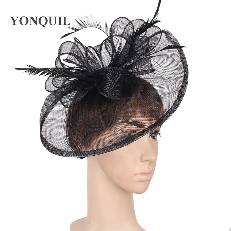 

Vintage Elegant Black Big Fedora Cap Chapeau Hat Wedding Fascinators Feather Loop Headwear Ladies Female Hair Accessories SYF278