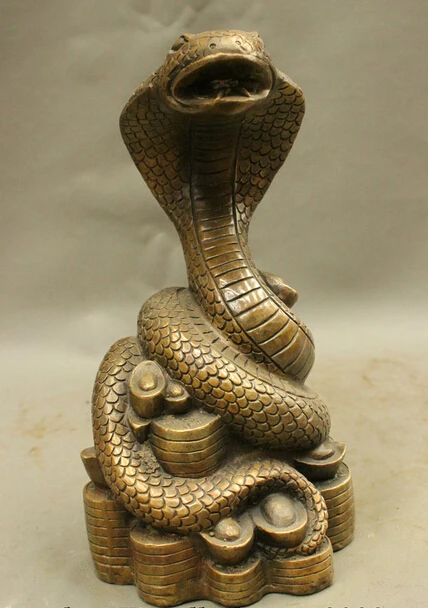 

9" Folk Chinese Bronze Year Zodiac Animals YuanBao Wealth Snake Statue Sculpture statues garden decoration