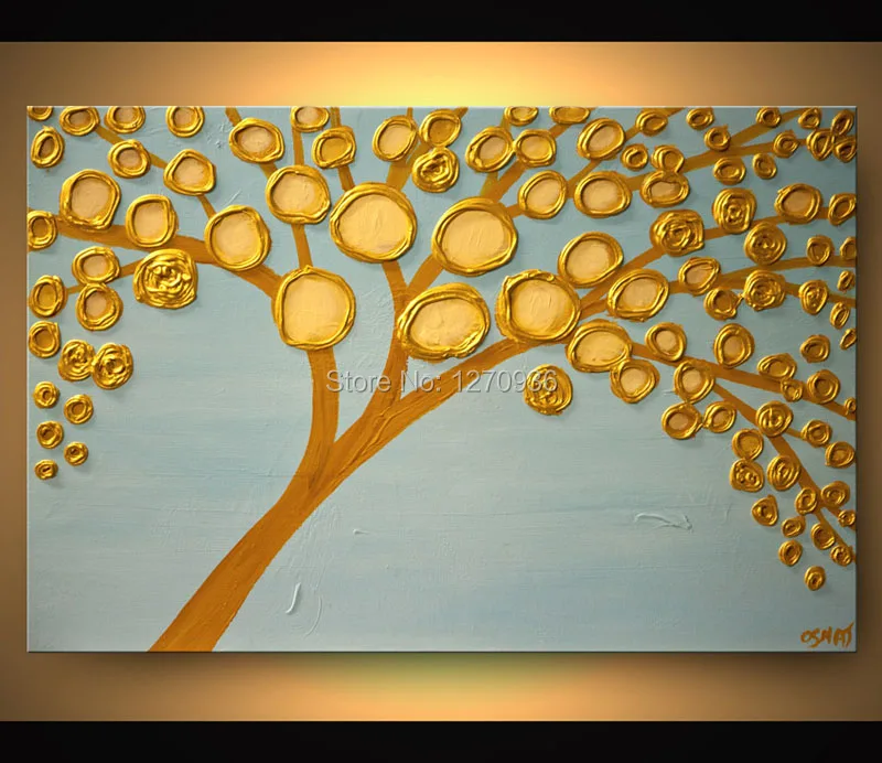 Hand Painted Gold Money Tree Full of the Gold Money Flower Petal Big and the Small Petal Full of the Tree Oil Painting on Canvas