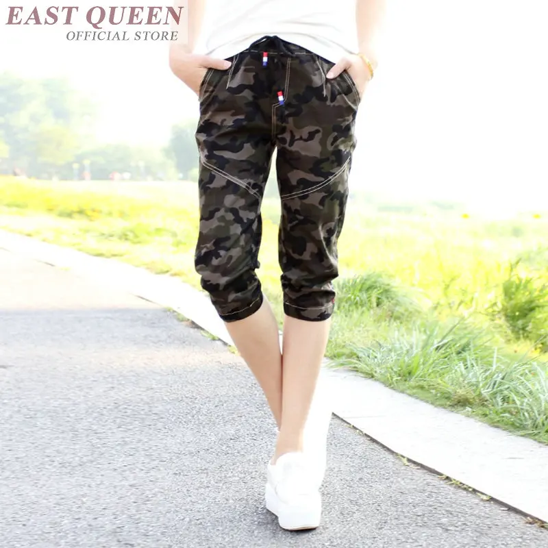 summer military camouflage pants women men pockets high waist floral print harem pants drawstring belt casual cotton DD781 a