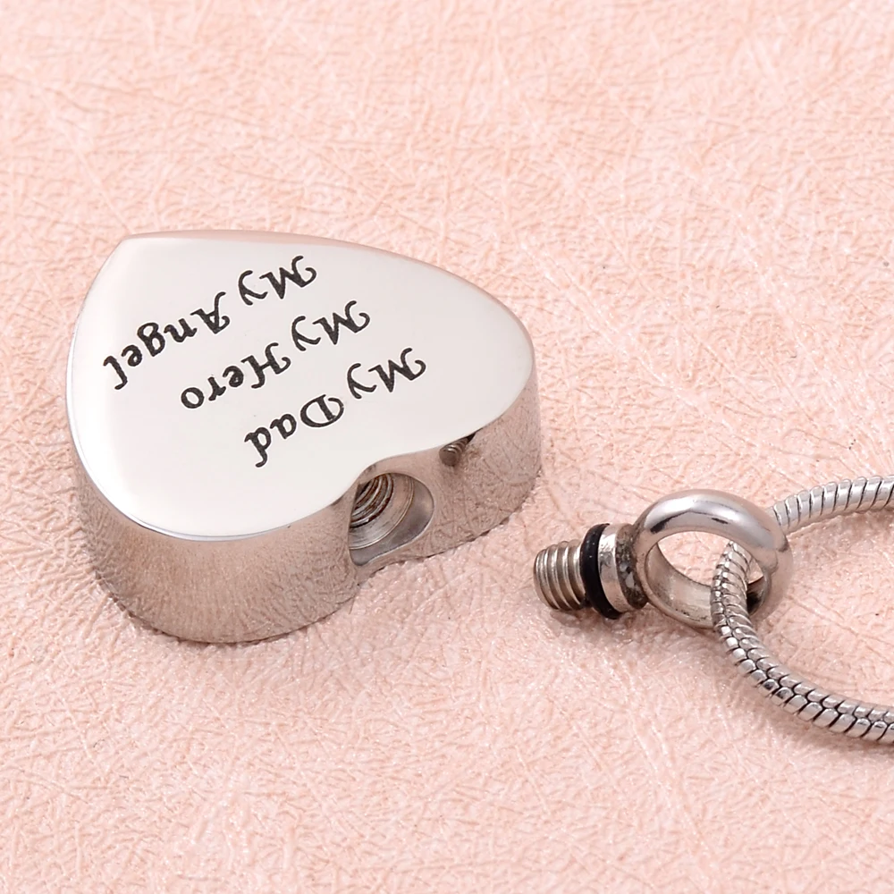 IJD9788 Heart Memorial Ashes Urn Necklace 316L Stainless Steel Cremation Pendant Necklace MY Dad My Hero My Angel Engraved Urn