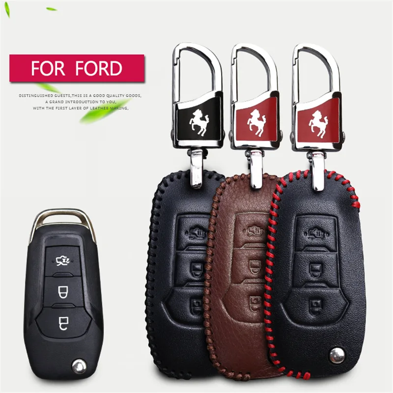 Genuine Leather Car Key Cover Case For Ford Escort Mondeo Mk3 Mk4 Focus 2 3 Kuga Fiesta 3 Buttons Key Chain Case Smart Key Shell