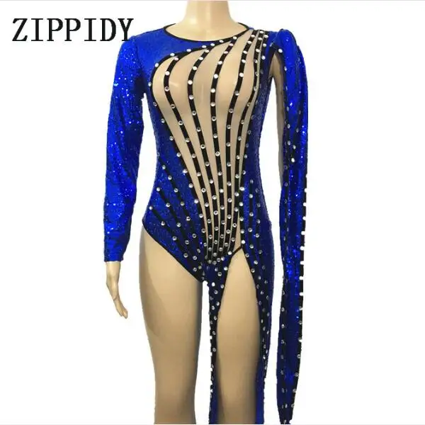 Blue Sequins Crystals Single Leg Irregular Bodysuit Beads Jumpsuit One-piece Costume Singer Dance Performance Outfit Stage Wear