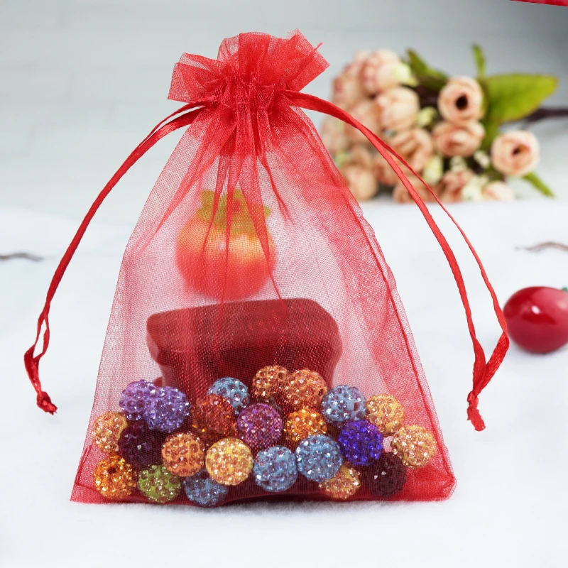 100pcs/lot Red Color Darwalbe Organza Bags 5x7cm Small Wedding Favour Gift bag Jewellery Pouches