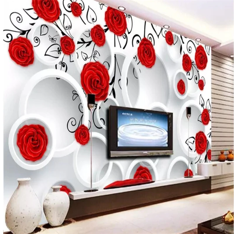 

Decorative wallpaper Red rose 3D three-dimensional circle TV background wall painting