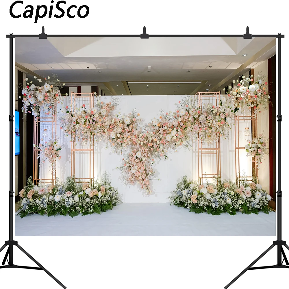 Capisco White Pink Floral Photo Backgrounds 3D Flower Wedding Bridal Shower Photography Backdrops Decoration Booth Banner Props