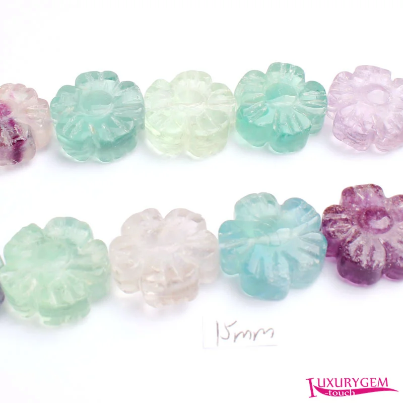 12mm 15mm Natural Multicolor Fluorite Stone Carving Flowers Flat Shape DIY Loose Beads Strand 15