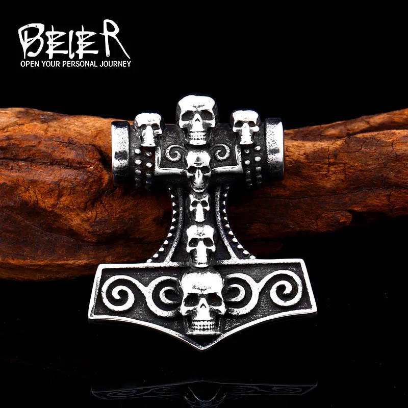 Beier new store 316L Stainless Steel Nordic Viking Amulet Hammer Necklace Pendant Punk Skull Pendant LLBP8-390P